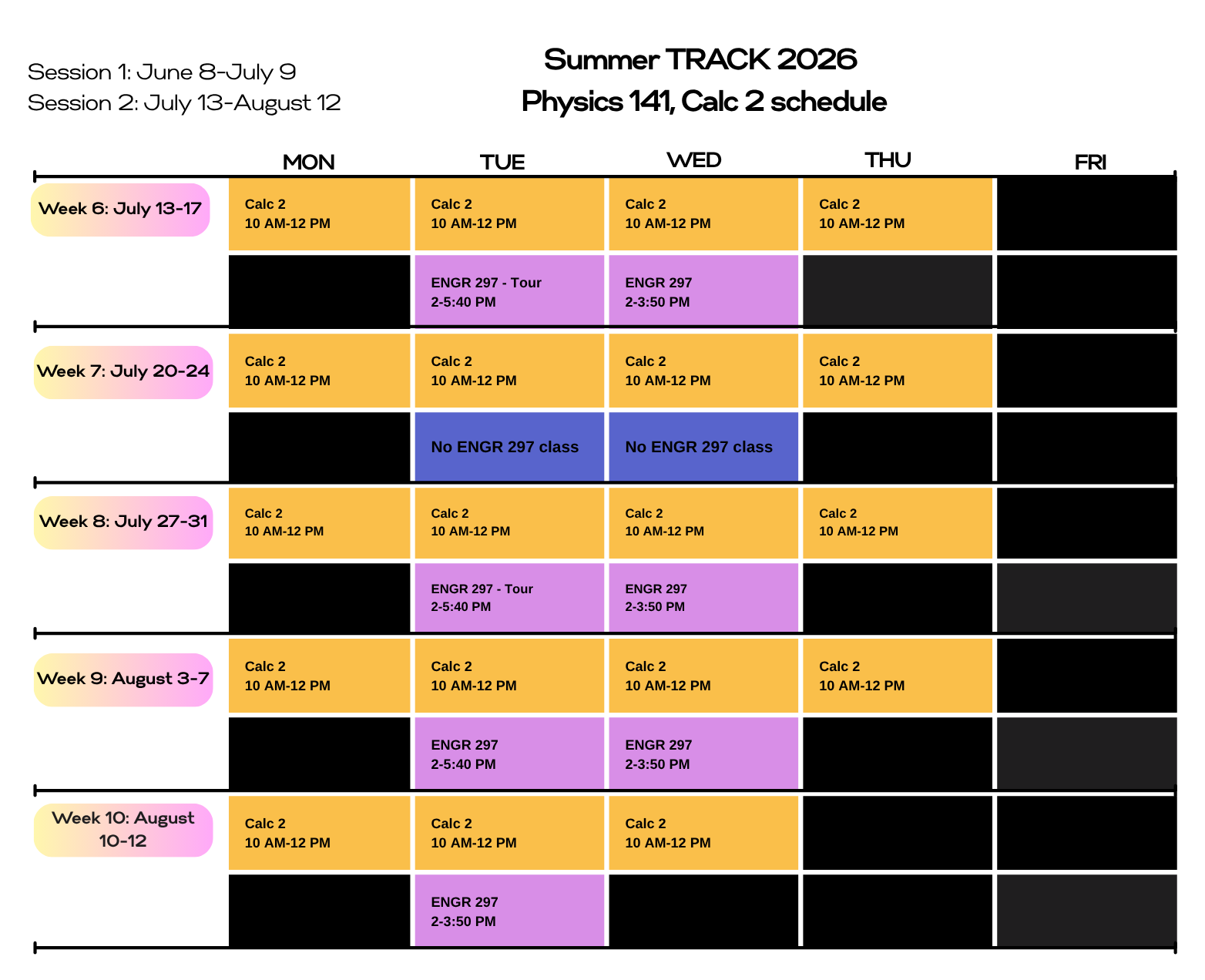 Summer Track 2026 Physics 141 Calc 2 Schedule