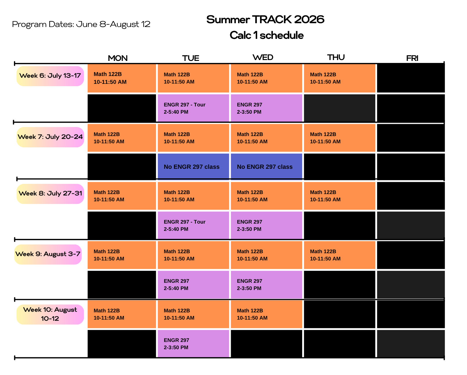 Summer Track 2026 Calc 1 Schedule